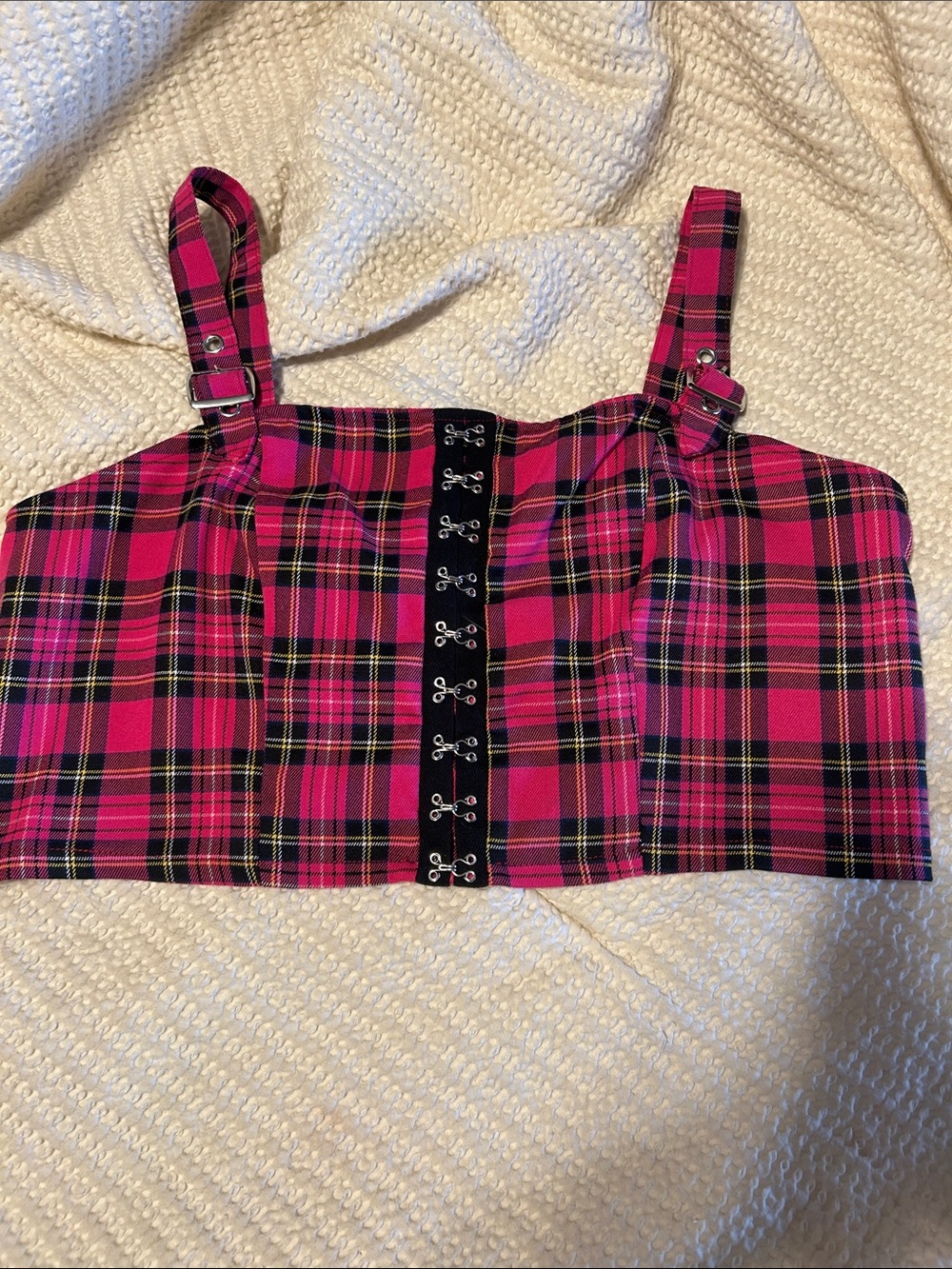 Fuchsia Plaid Hook-and-Eye Crop Top with Adjustable Straps